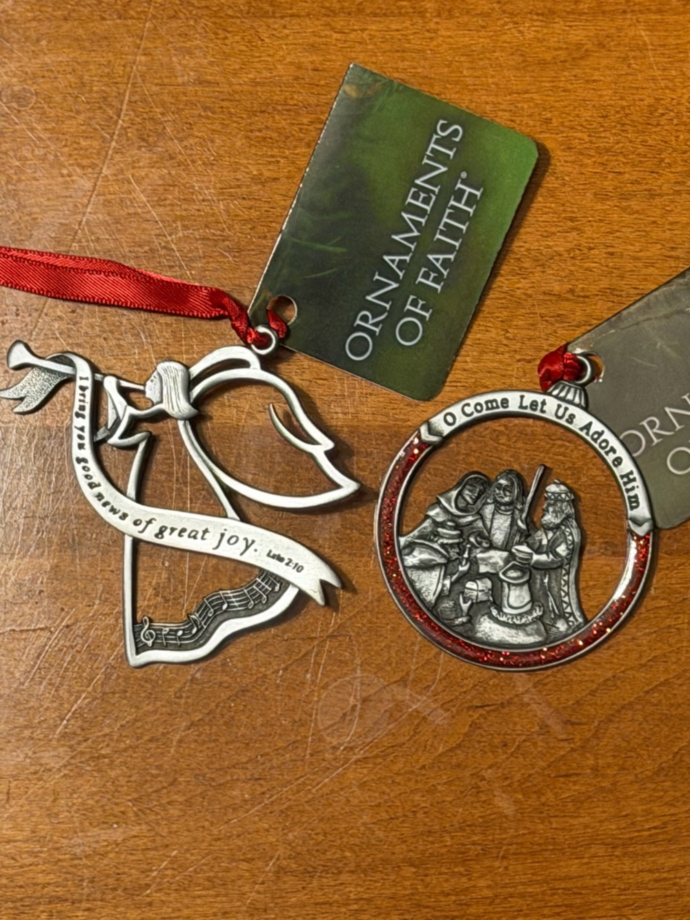 Silver Dove and Nativity Red-Accent Holiday Ornaments